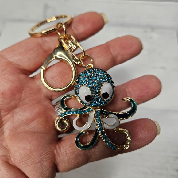 Blue Rhinestone Octopus Keychain Bag Purse Charm - Picture 3 of 4